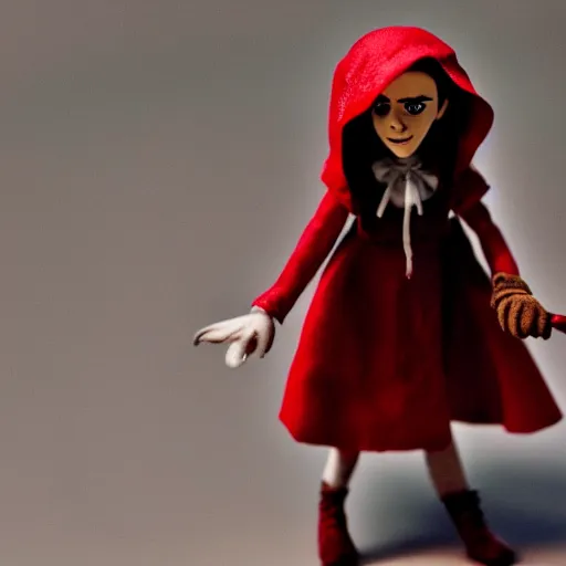 Image similar to a cinematic film still of a claymation stop motion film starring emma watson as little red riding hood, looking at realistic wolf, shallow depth of field, 8 0 mm, f 1. 8