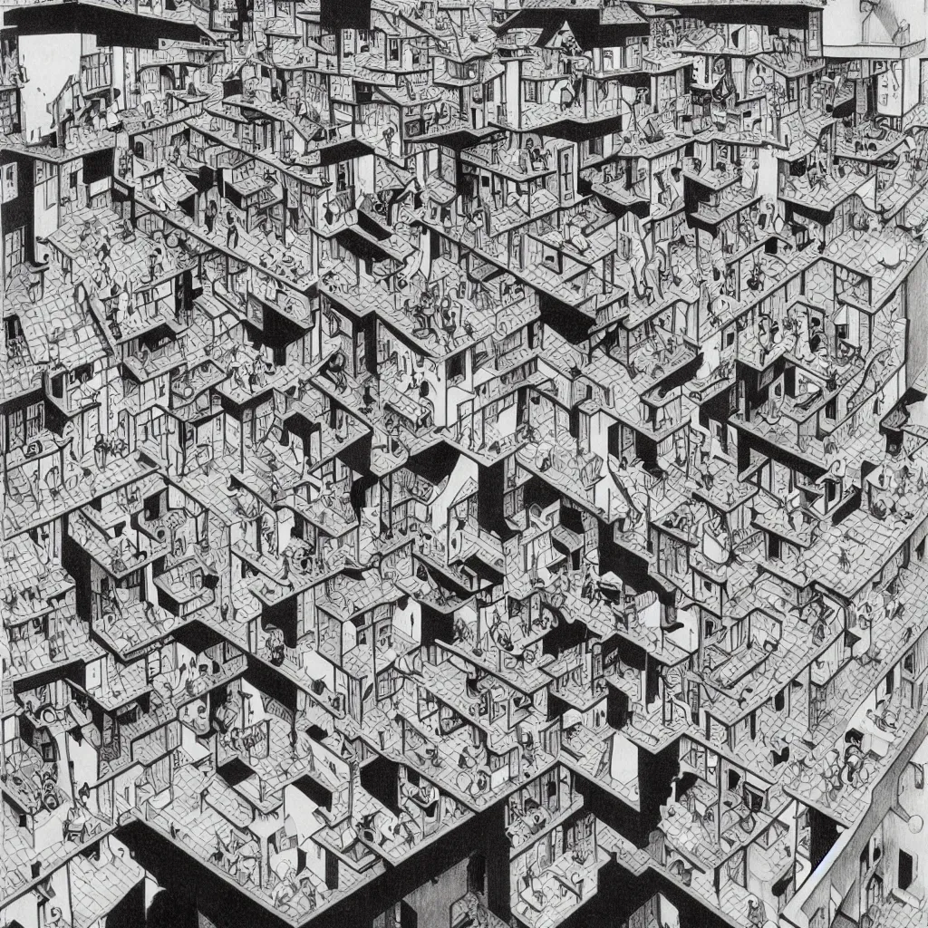 Image similar to last selfie on earth, drawed by M. C. Escher, colored by Hayao Miyazaki