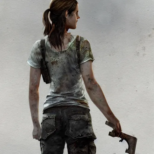 Image similar to TLOU The Last Of Us Screenshot emma watson as ellie from The Last Of Us full body fashion model emma watson by Richard Schmid by Jeremy Lipking by moebius by atey ghailan very rusty very worn out very torn texture