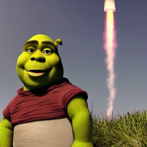 Image similar to shrek attached to a spacex rocket, cinematic lighting, detailed, sharp focus