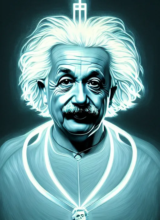 Image similar to symmetry!! portrait of albert einstein, cottagecore!! fitness body, glowing lights!! intricate, elegant, highly detailed, digital painting, artstation, concept art, smooth, sharp focus, illustration, art by artgerm and greg rutkowski and alphonse mucha