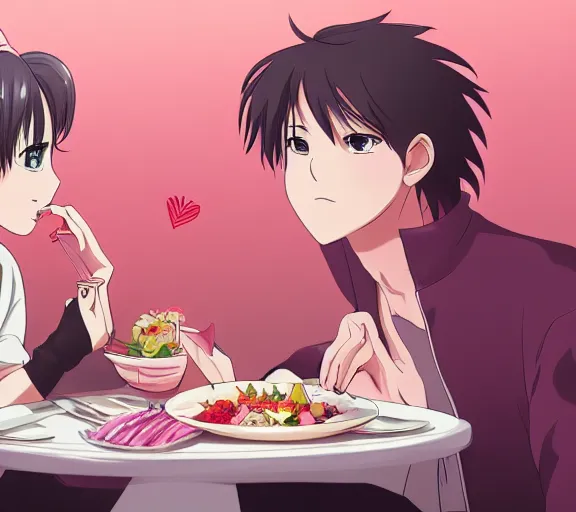 Prompt: A girl and her boyfriend are eating at a fast luxurious restaurant, there are pink hearts around their heads, anime art, hd, smooth, elegant, Studio Ghibli