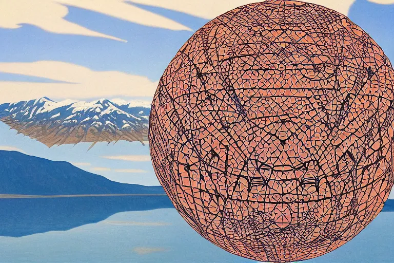 Prompt: a giant floating sphere covered in canadian aboriginal patterns!! hovering above a Yukon lake, (painted by Ralph McQuarrie), matte painting, concept art