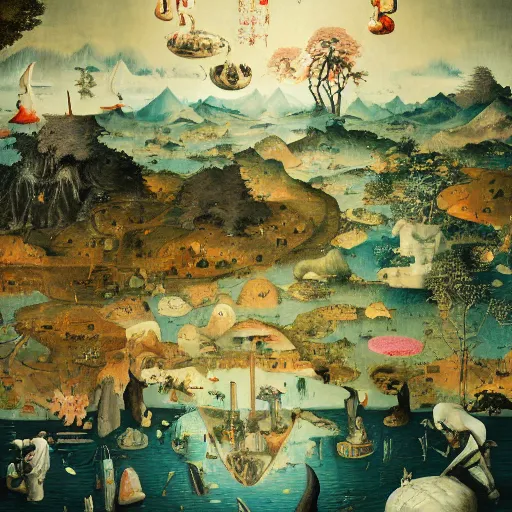 Image similar to Japanese Landscape by Hieronymus Bosch and James Jean, Ross Tran, hypermaximalist, 8k, surreal oil painting, highly detailed, dream like, masterpiece