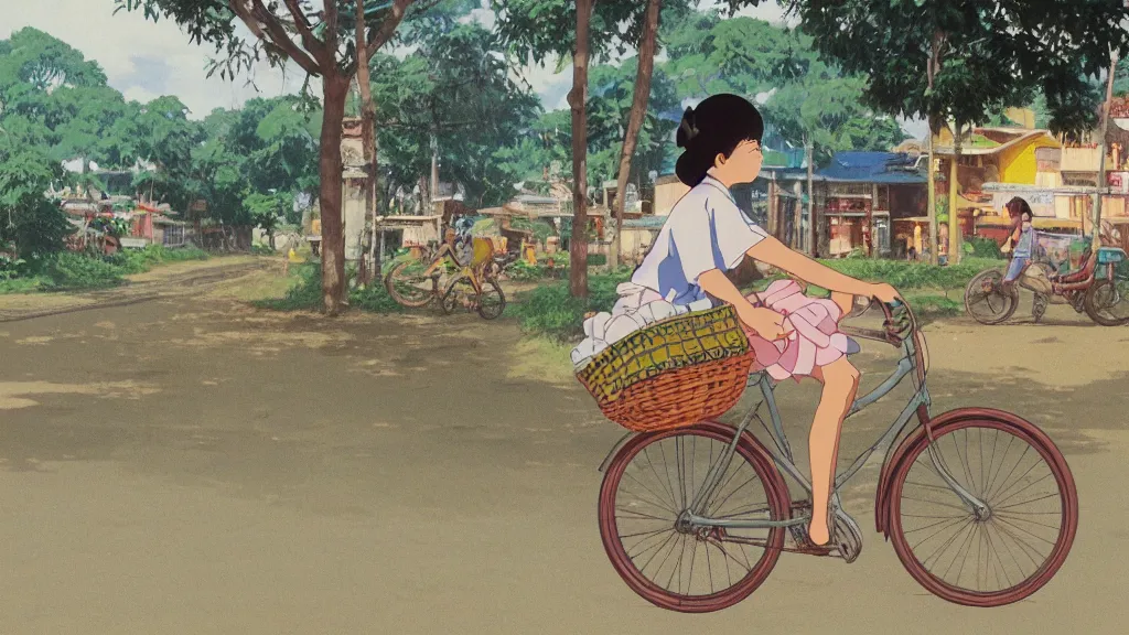 Image similar to a young girl riding a bike with a basket in a small town, 1970s philippines, art by hayao miyazaki, studio ghibli film, hi res, 4k, detailed face, wide shot, one person