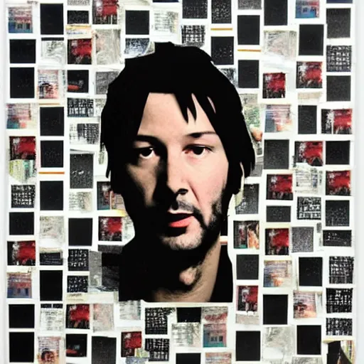 Image similar to portrait of keanu leaves, paper collage, mimmo rotella.