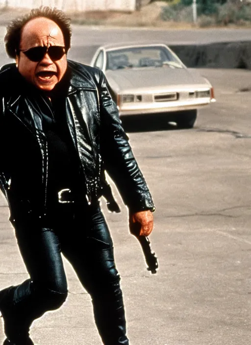 Image similar to film still of Danny DeVito as The Terminator in Terminator, 4k