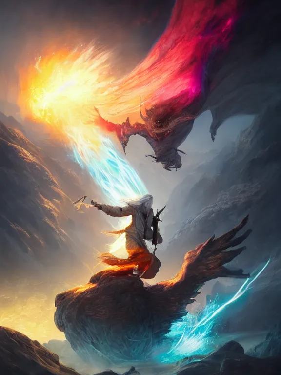 Prompt: photo of 8k ultra realistic Gandalf fighting the balrog, full of colour, cinematic lighting, battered, trending on artstation, 4k, hyperrealistic, focused, extreme details,unreal engine 5, cinematic, masterpiece, art by Peter Mohrbacher