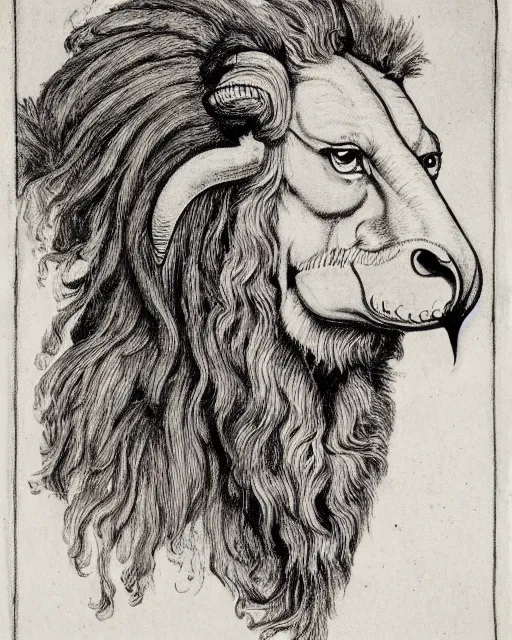 Image similar to a creature with the body and eyes of a man, with the beak of an eagle, the mane of a lion, and the horns of an ox. drawn by francis bacon