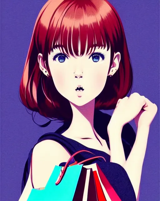 Image similar to cute girl wearing high heel with shopping bags. | very very anime!!!, fine - face, audrey plaza, realistic shaded perfect face, fine details. anime. very strong realistic shaded lighting poster by ilya kuvshinov katsuhiro otomo ghost, magali villeneuve