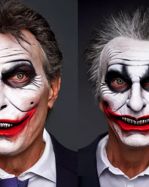 Prompt: Mauricio Macri in Elaborate Joker Makeup and prosthetics designed by Rick Baker, Hyperreal, Head Shots Photographed in the Style of Annie Leibovitz, Studio Lighting, Mauricio Macri with an angry cat in his hand