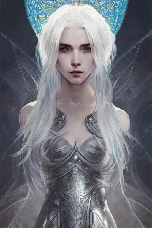 Image similar to portrait white hair knights of zodiac girl, sliver ice color reflected armor, in ruined agora of athens sunrise, ssci - fi and fantasy, intricate and very very beautiful and elegant, highly detailed, digital painting, artstation, concept art, smooth and sharp focus, illustration, art by tian zi and wlop and alphonse mucha