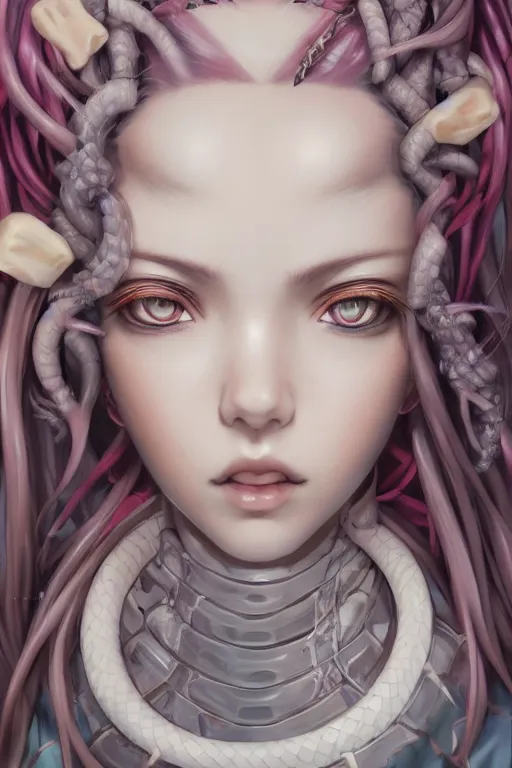 Image similar to portrait of an anime manga girl with white snake dreads, straight on portrait, by artgerm, james jean, tom bagshaw, gerald brom, vaporwave colors, lofi colors, vaporwave, lofi, goth vibe, 4 k, smooth, hd, substance designer render, full body character concept art, symmetrical,