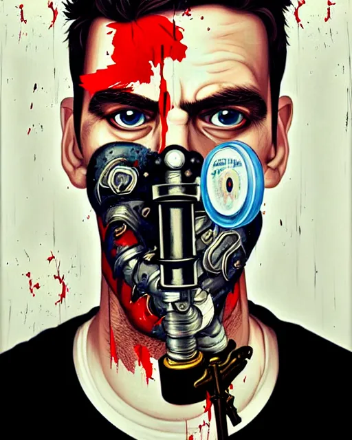 Image similar to portrait of a man wearing oxygen mask, has a sword, blood, a pistol with sea background intricate details with horror side profile by Sandra Chevrier