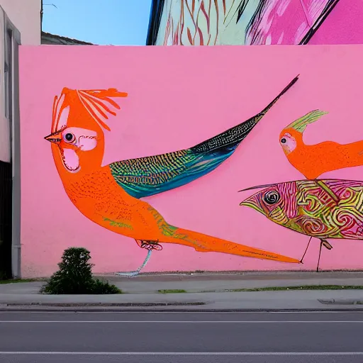 Prompt: a huge mural in pink and orange, showing a miriad of mixing birds and fish, urban Street art