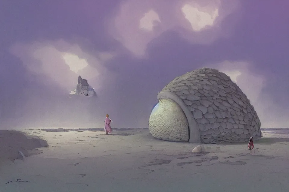 Prompt: atmospheric painting of a giant seashell house, a young girl stands outside, by moebius and john harris, atmospheric, concept art, saturation 2