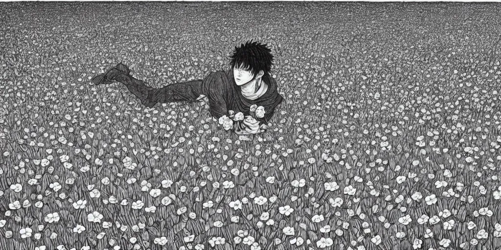 Image similar to Guts in a serene flower field by Kentaro Miura, highly detailed, black and white