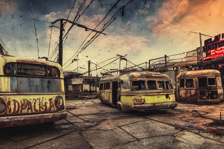 Prompt: low wide angle shot of dilapidated fallout 5, desolate, dilapidated neon signs, few rusted retro futuristic vintage parked vehicles like cars, ( ( ( buses, trucks, trams ) ) ), volumetric lighting, photorealistic, sunny, early evening, golden hour, autumn, sharp focus, ultra detailed, 4 0 0 0 k