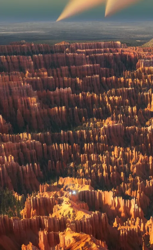 Prompt: a futuristic utopian metropolitan city of shiny buildings and spires sits at the edge of a beautiful cliff like bryce canyon with epic waterfalls cascading down below causing mist at the bottom, a large spacecraft flies nearby, sharp details, photorealistic, octane render, golden hour, cinematic lighting, immense scale