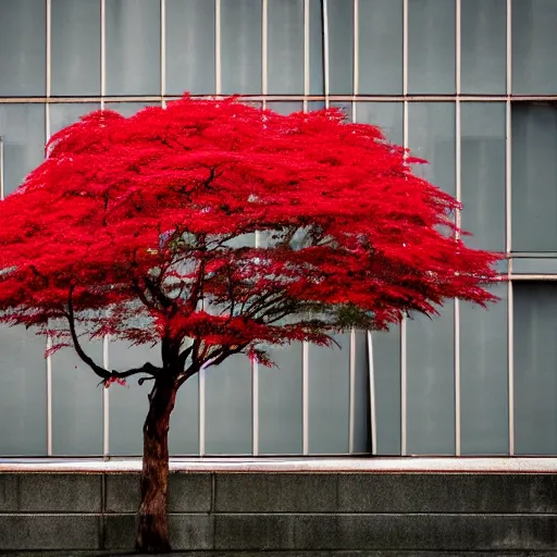 Image similar to a single red japanese maple in a dystopian city