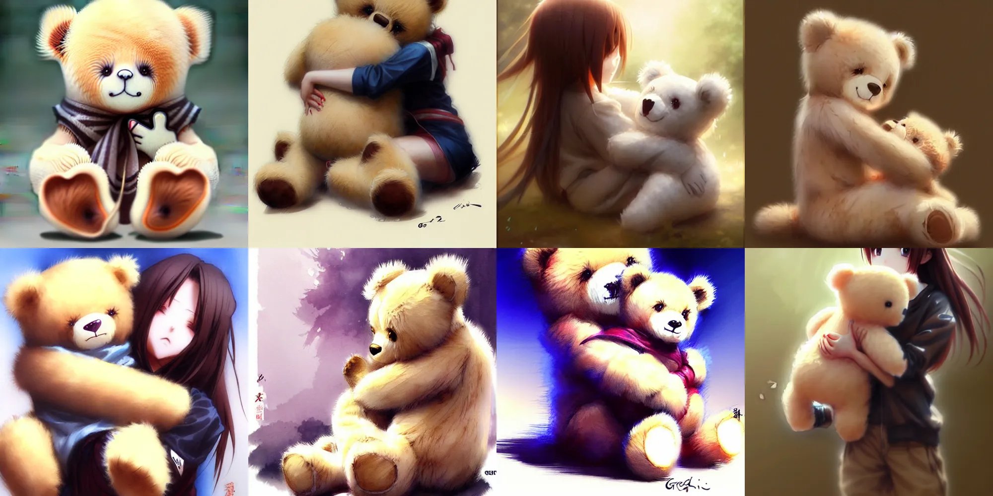 Prompt: cute anime young female hug teddy bear, shikishi, by greg rutkowski and