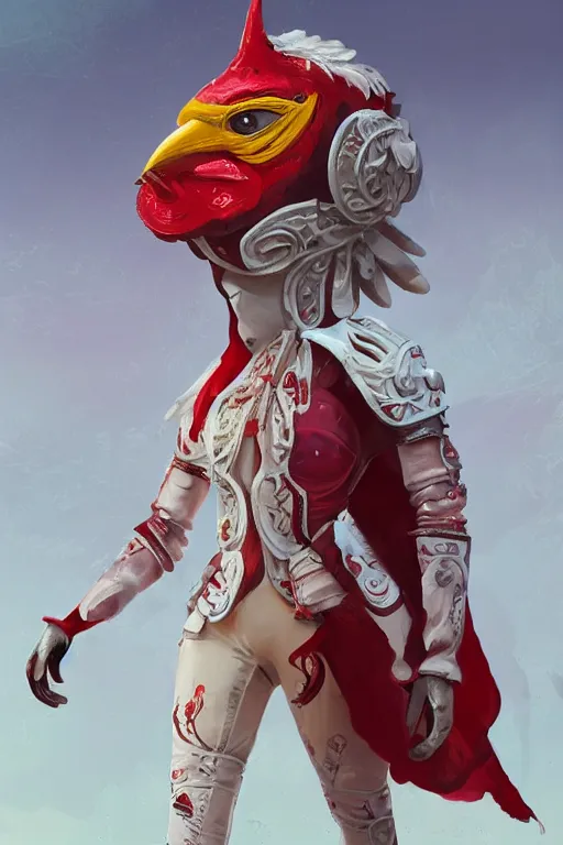 Image similar to female adventurer in tight full - body white leather armor of ukrainian vyshyvanka design with red accents and a red porcelain crow mask, trending in artstation, ukrainian, by simon stalenhag, big moon in the background, establishing shot