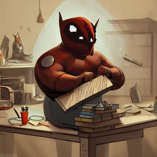 Image similar to a insanely detailed painting of a fat masked superhero wearing a costume sitting at a desk, staring at the nervously at the computer and clicking on the mouse, in the style of peter mohrbacher, dramatic lighting and composition, trending on artstation, concept art, comic book