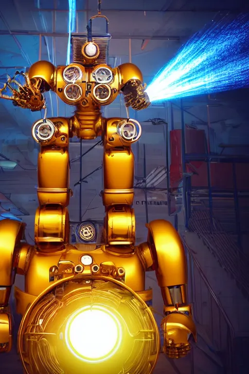 Image similar to portrait photo of a giant huge golden and blue metal humanoid steampunk robot vaccuum cleaner, with gears and tubes, in the hand are mop and bucket, eyes are glowing red lightbulbs, shiny crisp finish, 3 d render, 8 k, insaneley detailed, fluorescent colors, background is multicolored lasershow