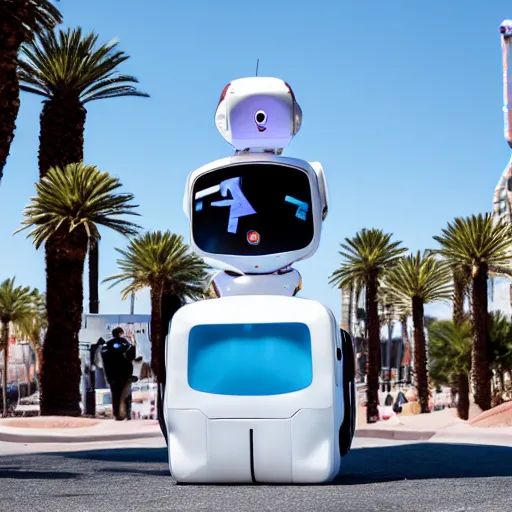 Prompt: LAS VEGAS, NV JUNE 7 2024: One of the most helpful happy self-aware robots to emerge from the future-portal.