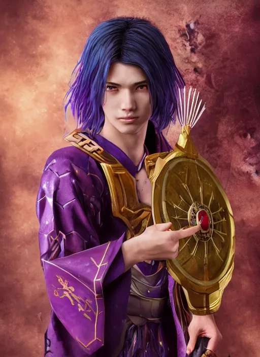 Image similar to An epic fantasy comic book style portrait painting of teenager boy with straight indigo hair, purple eyes with red eye markers, slim body, wearing a detailed Japanese kimono with golden armor pieces, holding a japanese fan. Unreal 5, DAZ, hyperrealistic, octane render, cosplay, RPG portrait, dynamic lighting