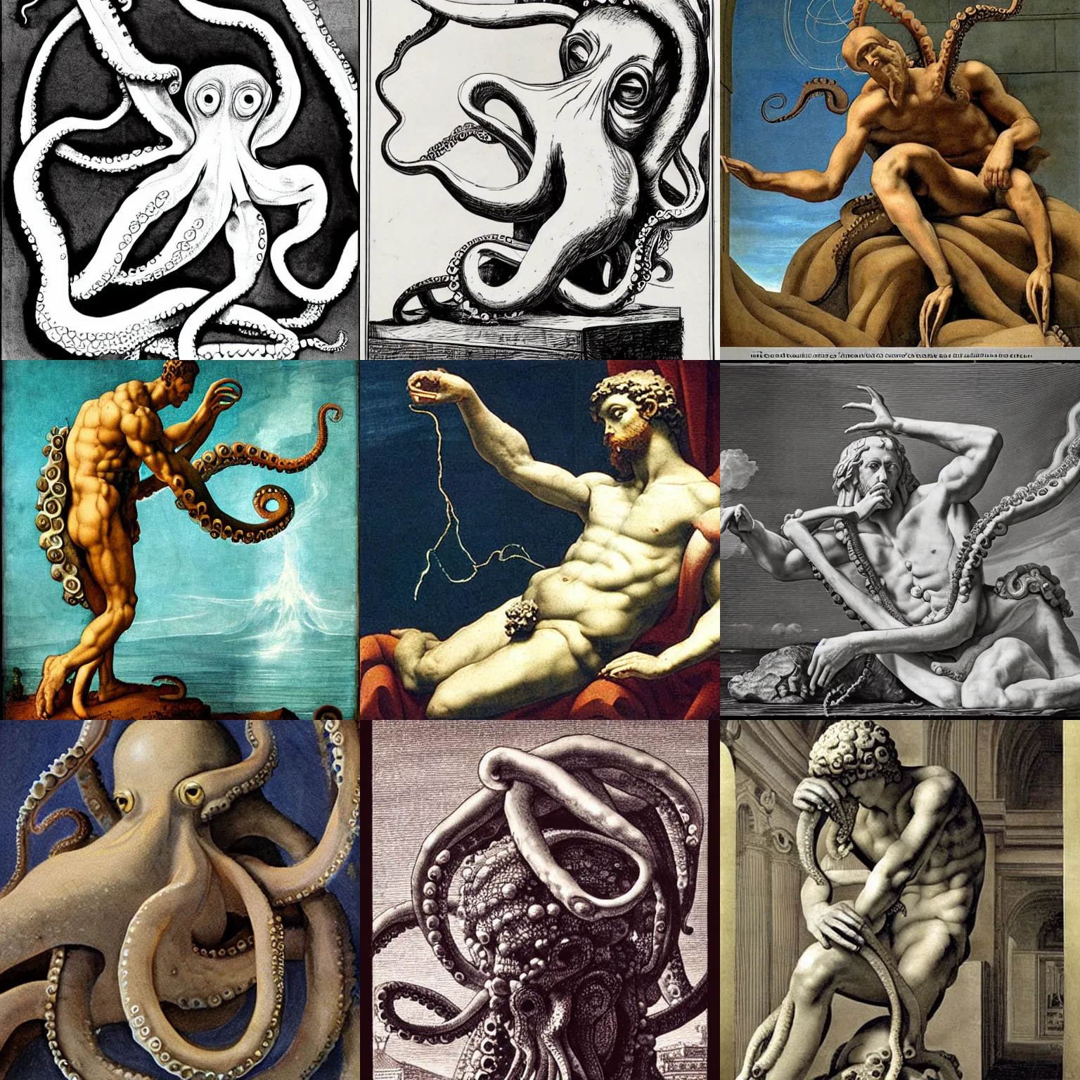 Prompt: The octopus who ponders creation like the statue of David thinking by Michelangelo