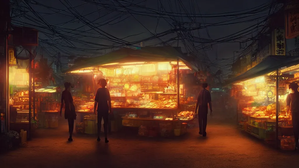 Image similar to twilight lighting, moody, atmospheric, solarpunk, taho vendor, in davao city, by ghibli studio and victor ngai, ghost in the shell, akira, pixar highly detailed, 8 k