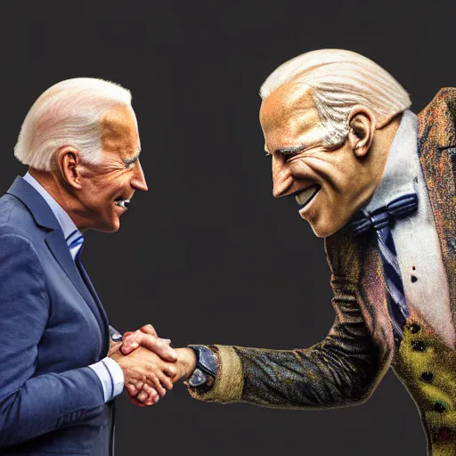 Image similar to hyperrealistic mixed media image of joe biden shaking hands with a clown, stunning 3 d render inspired art by istvan sandorfi and greg rutkowski, perfect facial symmetry, realistic, highly detailed attributes and atmosphere, dim volumetric cinematic lighting, 8 k octane extremely hyper - detailed render, post - processing, masterpiece,