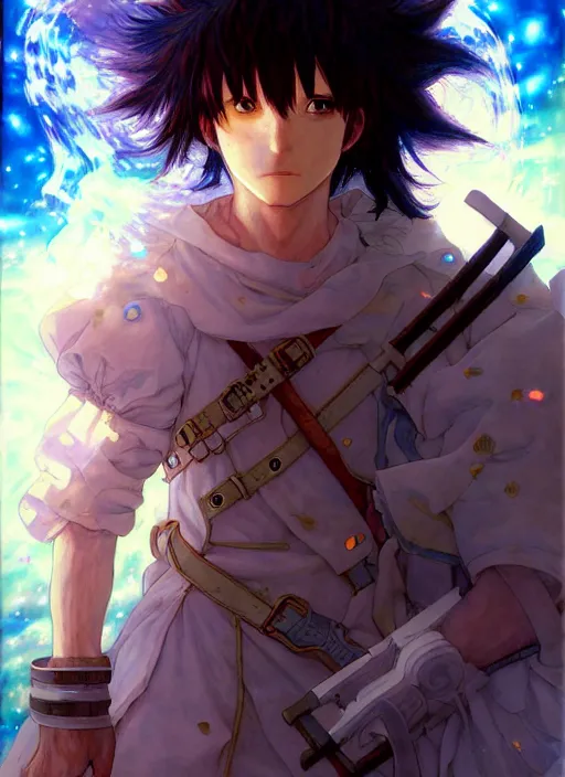 Image similar to prompt : ragnarok online portrait soft light painted by james jean and katsuhiro otomo and erik jones, inspired by akira anime, epic fantasy, a young dark skinned long haired boy peasant in plain fantast clothing with intelligent eyes, intricate oil painting, high detail illustration, sharp high detail, manga and anime 1 9 9 9