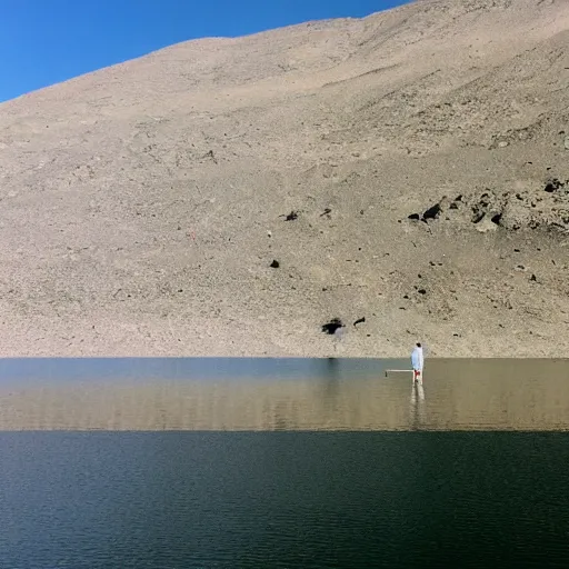 Prompt: Musty lake, single human figure floating in distance
