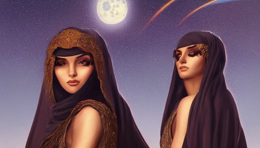 Image similar to Portrait of very very very very very very beautiful Arab woman wearing a Niqab, glowing magical eyes, energy trails, under giant full moon in the desert, intricate, elegant, highly detailed, digital painting, artstation, concept art, smooth, sharp focus, illustration, art by artgerm and greg rutkowski and alphonse mucha