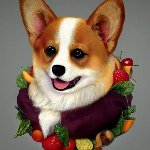 Prompt: portrait of a corgi dog made with fruits, by giuseppe arcimboldo, highly detailed, airbrush, 4 k