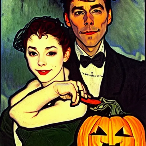 Image similar to painting of handsome young beautiful jeff and gorgeous rina together at the jack o'lantern halloween party, elegant, clear, painting, stylized, art, art by alphonse mucha, vincent van gogh, egon schiele,