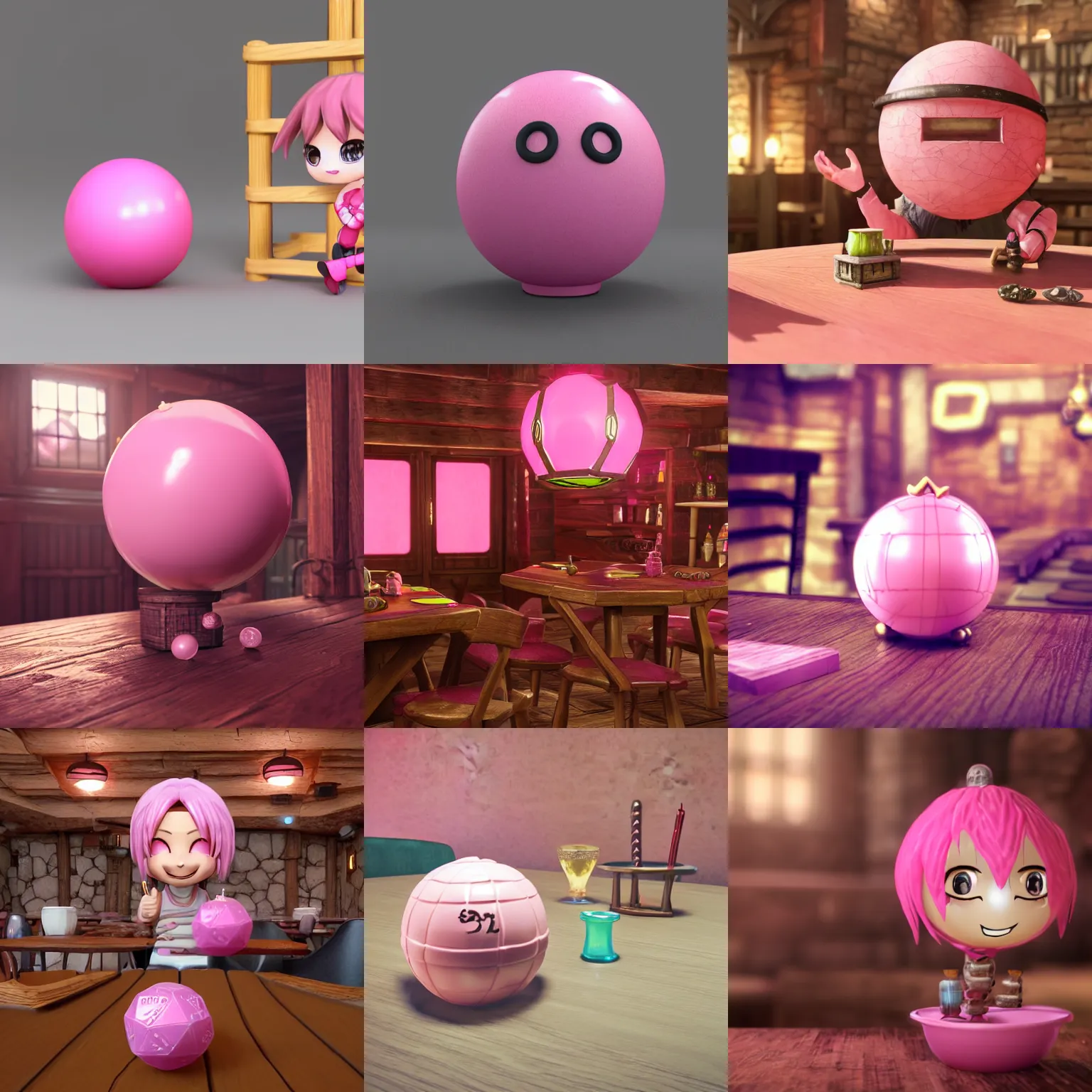 Prompt: chibi happy pink sphere sitting in a d & d fantasy tavern, 4 k, ultra realistic, octane render