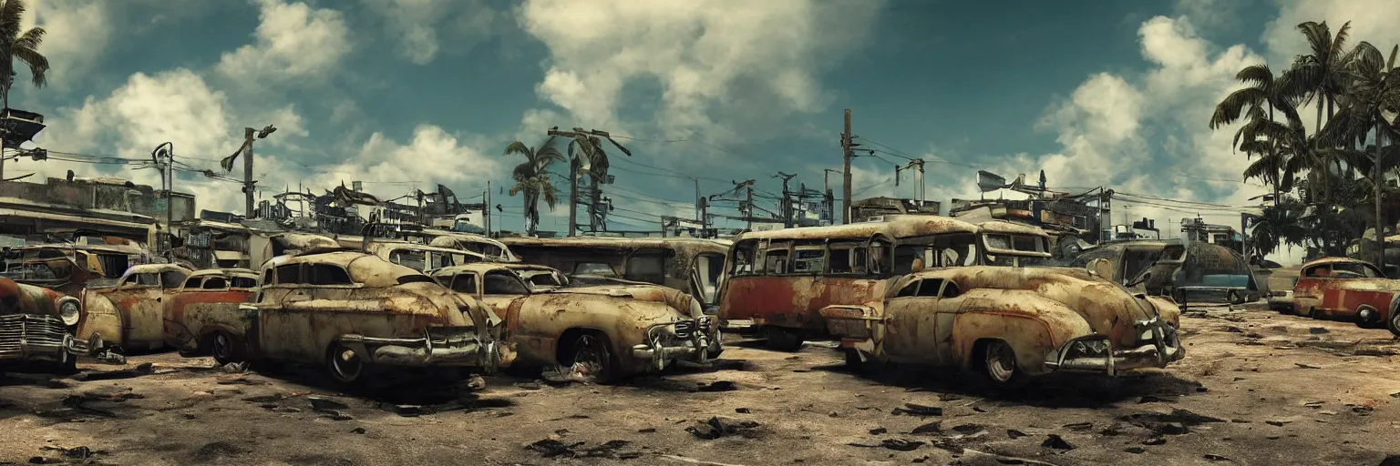 Prompt: fallout 5 : miami, outdoors ruined tropical city airport, rusted retro futuristic vintage styled parked cars, buses, trucks, atmospheric lighting, painted, intricate, volumetric lighting, summer, sunny weather, few clouds, sharp focus, deep colours, ultra detailed, by leesha hannigan, ross tran, thierry doizon, kai carpenter, ignacio fernandez rios