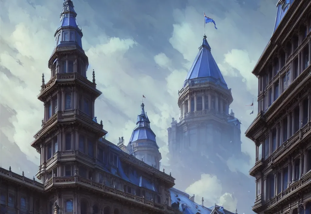 Prompt: victorian parliamentary building, victorian, architecture, blue sky, town, cinematic view, concept art, high detail, well lit, volumetric, godrays, vivid, trending on artstation, by jordan grimmer, art greg rutkowski