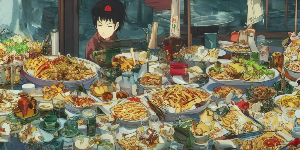 Prompt: A feast for the Yakuza, very detailed, anime, Delicious, Plump, Juicy, Hot Food, large white border, hd, 8k, Unreal Engine 5, high resolution print :1 by Hayao Miyazaki, Nausicaa, studio Ghibli style, Anime wallpaper, cell shading, trending on deviant art :1