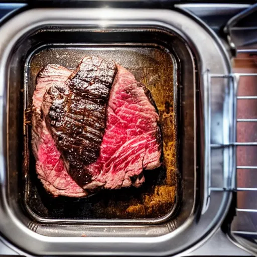 Prompt: Steak being cooking in a microwave, viewed through the closed microwave window, cursed