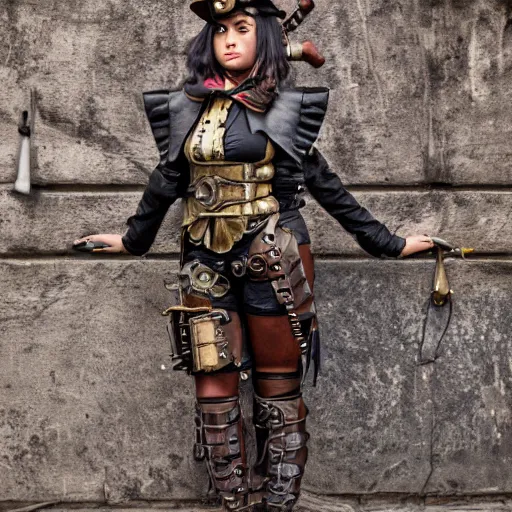 Image similar to full body photo of a female steampunk warrior, highly detailed, 4k, HDR, smooth, award-winning photo