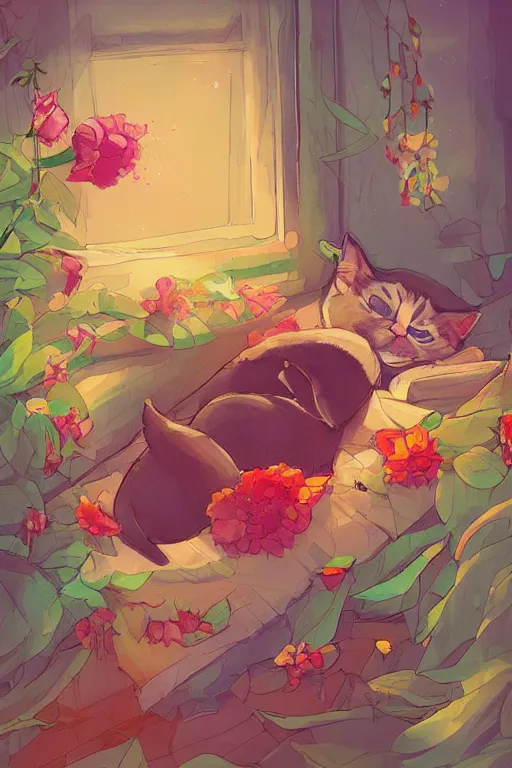 Image similar to a digital art of a cat sleeping in the room with flowers around in the afternoon, the sun shines in, storybook art, watercolor, detailed, cute, by anton fadeev, featured on artstation