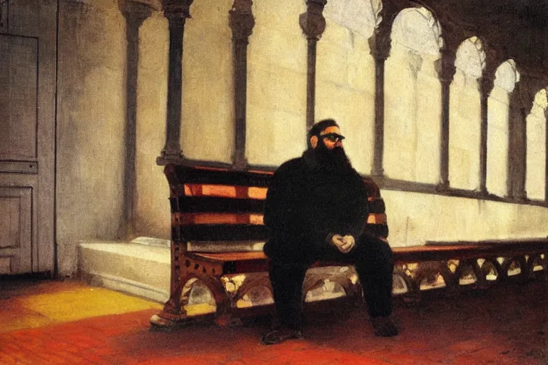 Prompt: portrait of a chubby bearded young man with glasses sitting alone on a bench in a subway station, glowing with silver light, color by Franz Marc, highly detailed architecture by Jean-Léon Gérôme, by Winsor McCay, today's featured photograph, 16K