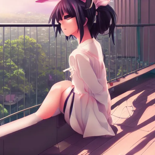 Prompt: anime girl sitting on a balcony while listening to music, anime key visual, aesthetic, trending on artstation, deviantart, artgem, perfect composition, ross draws, wlop, 8 k