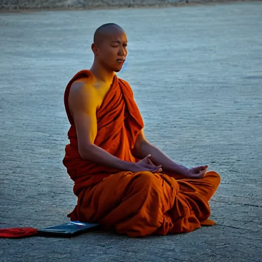Prompt: a monk, meditating during the sunset
