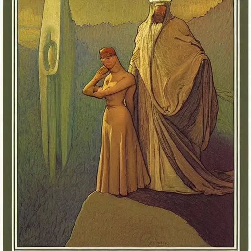 Prompt: the angelus by jean francois millet, division bell album cover, art by alfons mucha - ralph mcquarrie - francois schuiten