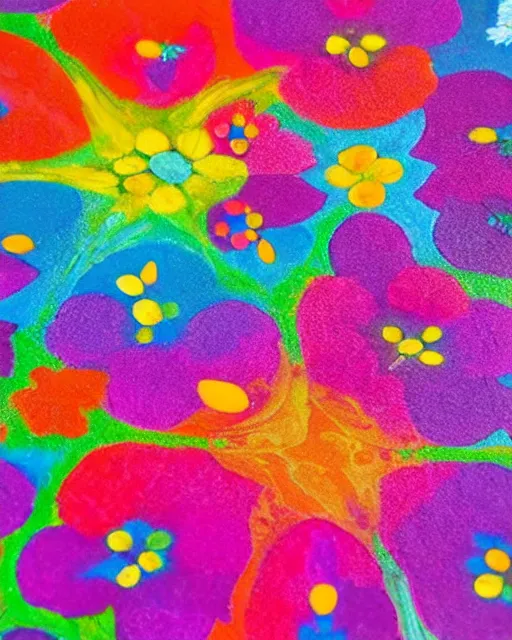 Prompt: color powder mandala motifs, flowers, petals, stems and seeds on a tabletop, arranged to be reminiscent of a cat, a fluid flowing soft abstract painting by Willem de Kooning and Lisa Frank
